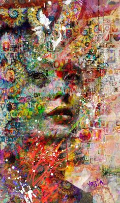 a woman's face is surrounded by many different colored images and words, including the word