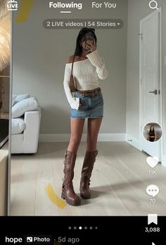 Off Shoulder Sweaters Outfit, Fall Outfits 2024 Boots, Cute Brown Fall Outfits, Fall Outfits Off The Shoulder, Casual Cute Going Out Outfits, Off Shoulder And Skirt Outfit, Fall Outfits With Denim Skirt, Outfit Inspo With Boots, Autum 2024 Outfits