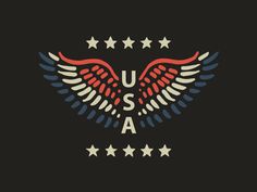 the logo for usa with stars and wings on it's chest, against a black background