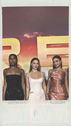 three women in dresses standing next to each other on a red and yellow background with the words epic