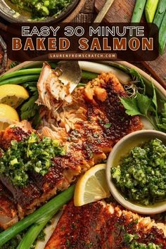 an easy 30 minute baked salmon with green salsa