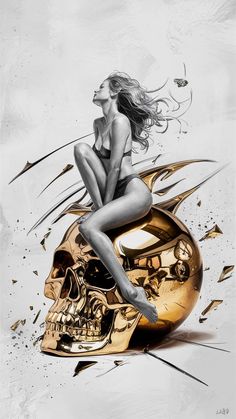 a woman sitting on top of a golden skull with her hair blowing in the wind