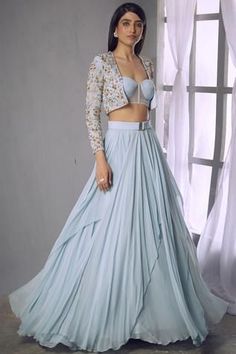 Shop for Shloka Khialani Blue Georgette Embroidered Jacket Lehenga Set for Women Online at Aza Fashions Corset Lehenga, Lehenga Ideas, Jacket Lehenga, Indian Outfits Lehenga, Lehnga Dress, Gaun Fashion, Wedding Blouse Designs, Lehenga Skirt, Indian Dresses Traditional