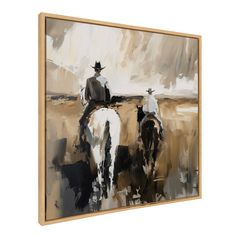 a painting of two men riding horses in the desert