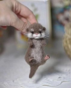 a small stuffed animal is being held up by someone's hand while holding it in the air