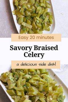 two servings of savory braised celery with text overlay