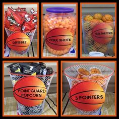 basketballs and candy in plastic containers with the names point guard popcorn written on them