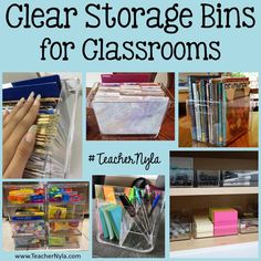 clear storage bins for classrooms with text overlay