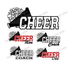 cheer mom and cheer coach stickers on a white background with the word cheer written in red