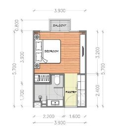 the floor plan for a studio apartment with one bedroom and an attached bathroom, which is also