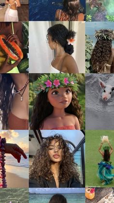 the collage has many different pictures of women with flowers on their head and hair