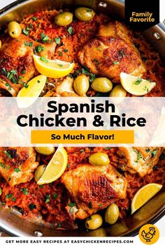 spanish chicken and rice with olives in a pan