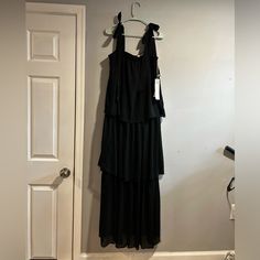 Beautiful Black Three Layered Dress With Built-In Slip, Pictures, Long Tie, Straps, Zipper, And Hook, And Eye Closure. Each Layer Features Small Pom-Poms 69% Polyester And 31% Recycled Polyester. The Lining Is 100% Polyester. Black Tiered Maxi Dress For Formal Occasions, Black Tiered Midi Dress For Evening, Black Tiered Maxi Dress For Night Out, Nature Dresses, Nature Dress, Layered Dress, Pom Poms, Colorful Dresses, Built In