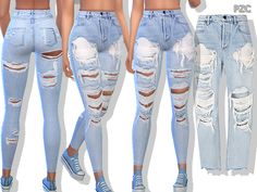 three different views of the same woman's jeans with ripped knees and butts