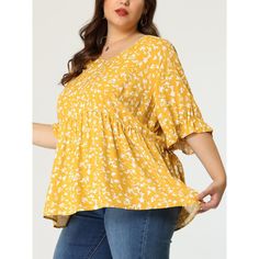 This floral-printed cotton blouse offers a romantic look with its V neckline, bringing fashion to feminine chic. Peasant-inspired in this flowy ruffle-sleeve babydoll blouses that keep you soft cool in lightweight feeling. The soft printed blouses make you feel lightweight and comfortable to wear in your casual time. Wearing this soft cotton summer floral tiered blouse and chatting with your friends with a cup of coffee in this romantic city to enjoy your casual time. Showing more feminine charm Non-stretch Feminine Blouse With Floral Print, Flowy V-neck Blouse With Floral Print, Casual Billowy Blouse With Floral Print, V-neck Ditsy Floral Print Top For Brunch, V-neck Top With Ditsy Floral Print For Brunch, V-neck Tops With Ditsy Floral Print For Brunch, Yellow Flowy V-neck Blouse, Printed Blouses, Tiered Blouse