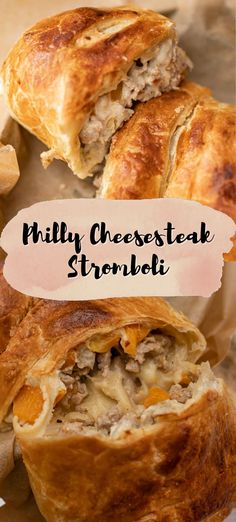 a close up of food on a plate with the words milly cheesesteak stromboli