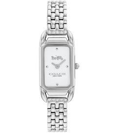 From COACH, the Women's Cadie Quartz Analog Stainless Steel Bracelet Watch features: Stainless steel tank case and braceletWhite satin dial, iconic horse & carriage motifDeployment closureMineral crystal quartz analog movementCase diameter approx. 17.5mm x 28.5mmWater-resistant up to 99 feetImported. Rectangle Watch, Coach Watch, Silver Watches Women, Stainless Steel Tanks, Classy Jewelry, Jewelry Inspo, White Dial, Stainless Steel Watch, Steel Bracelet