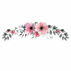 pink flowers and green leaves are arranged in the shape of a border on a white background