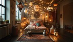 a bedroom with lots of lights hanging from the ceiling