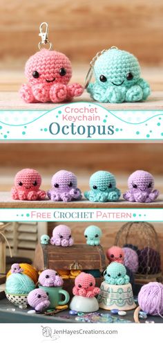 crochet octopus keychain pattern is shown in three different colors and sizes