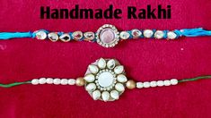 two bracelets with pearls and beads on red velvet background text reads handmade raki