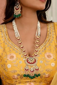 Micro gold plated lotus carved pendant necklace with pink kundan embellishment and green bead drops. Comes with earrings. - Aza Fashions Gold Kundan Beaded Necklaces For Reception, Gold Kundan Beaded Necklace For Reception, Festive Handmade Kundan Necklace For Reception, Gota Work Necklace For Diwali Reception, Traditional Necklace With Gota Work For Receptions, Chandbali Necklace With Gota Work For Puja, Festive Kundan Beaded Necklace, Diwali Temple Jewelry Necklace With Gota Work, Chandbali Gota Work Necklace For Puja