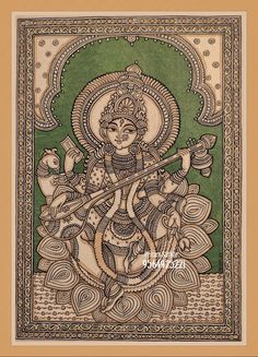 Kalamkari Saraswati Painting, Easy Kalamkari Painting, Madhubani Paintings On Canvas, Kalamkari Art Paintings, Kalamkari Ganesha, Kalamkari Painting Easy, Madhubani Drawing Indian Paintings, Bengali Art Paintings, Madhubani Painting Easy