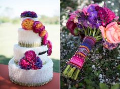 wedding cake with flowers on top and in the middle, next to another image of a bouquet of flowers