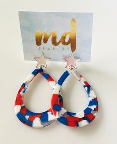 Express your deep and abiding love for America with these patriotic pretties! Featuring eco-friendly and ultra lightweight acetate drops (oblong or teardrop) and your choice of posts - matte silver star posts, bright silver star posts, or acetate round posts. Perfect for those upcoming Memorial Day (and 4th of July!) BBQs . And if you are a Washington Nationals or Washington Capitals fan, well then these earrings are a no-brainer!! God bless America! 🇺🇸 Teardrops measure 2 inches long x 1 1/2 Cheap Dangle Earrings For 4th Of July, Cheap Patriotic Earrings For Gifts, Cheap Red Patriotic Earrings, Cheap Patriotic Dangle Earrings, Affordable Dangle Earrings For 4th Of July, Cheap Blue Earrings For 4th Of July, 4th Of July Earrings, Patriotic Earrings, Spring Earrings