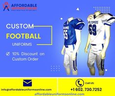 a football uniform with the number 99 on it and an advertise that reads, custom football uniforms uniforms