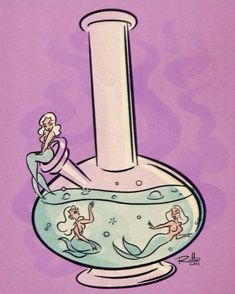 a drawing of a bottle with mermaids on it and a spool of liquid in the bottom