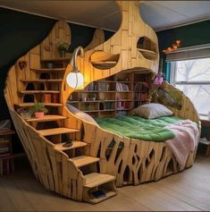 a bed made out of wooden planks with stairs leading up to the top and bottom