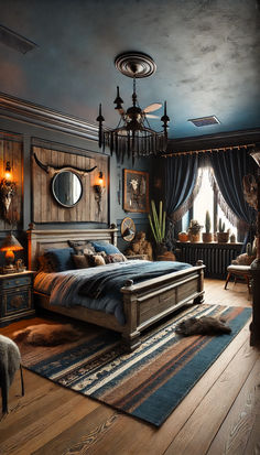 a bed room with a neatly made bed next to a dresser and mirror on the wall