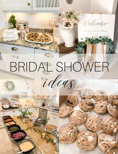 bridal shower ideas with cookies and desserts on the counter in front of them