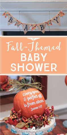 a baby shower with pumpkins, leaves and bunting on the mantle for fall