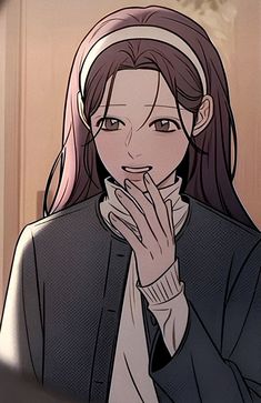 an anime character with long hair wearing a black jacket and holding her hand to her mouth