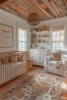 a baby's room with a white crib and wooden ceiling