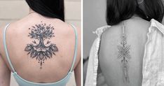 the back of a woman's upper and lower back tattoos