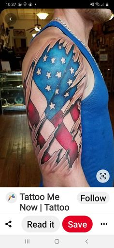 a man's arm with an american flag on it and the words tattoo me now i