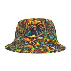 Originally protecting fishermen from rain in the 1900s, the bucket hat has now become a top fashion pick for all ages. This personalized bucket hat features vibrant Reggae art, bringing a touch of musical culture to your wardrobe. Made from 100% polyester, it's not only durable but also comfortable for everyday wear. Choose your preferred stitching color and make this modern wardrobe staple truly your own. Perfect for any casual outing, this bucket hat will keep you stylish and shaded wherever you go. Material: 100% polyester Sizes: Available in 2 sizes Customization: Two stitching color options Label: Sewn-in label Origin: Made in USA Fun Adjustable Hats For Streetwear, Adjustable Fun Hat For Streetwear, Fun Adjustable Streetwear Hats, Adjustable Short Brim Sun Hat For Streetwear, Multicolor Streetwear Hat, One Size Fits Most, Adjustable Curved Brim Sun Hat For Streetwear, Casual Multicolor Bucket Hat For Streetwear, Adjustable Multicolor Casual Hats, Multicolor Outdoor Bucket Hat