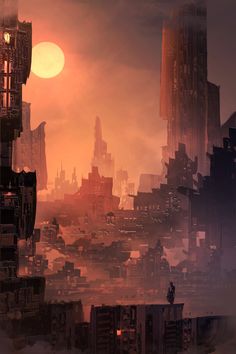 an image of a futuristic cityscape with the sun setting in the sky above it