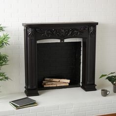 a black fireplace with some books on the mantle and a potted plant next to it