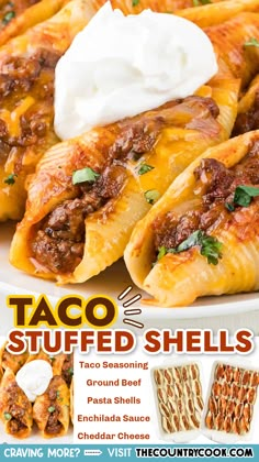 taco stuffed shells on a plate with sour cream