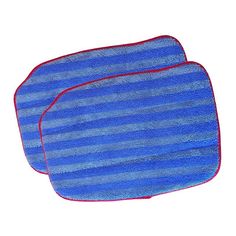 two blue dishcloths with red trim on white background, one has a striped design and the other has a stripe pattern