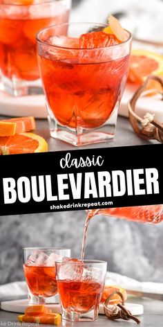 the classic boulevardr cocktail is served in glasses with orange slices and garnish