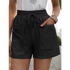 Season:Summer,Spring; Fabric:Polyester; Gender:Women's; Style:Active,Casual,Comfort,Simple; Elasticity:Micro-elastic; Occasion:Vacation,Casual Daily,Weekend; Function:Breathability,Comfortable,Soft; Waistline:High Waist; Pattern:Plain; Design:Pocket,Drawstring,Elastic Waist; Pants Type:Shorts,Slacks; Front page:FF; Listing Date:06/21/2023; Production mode:External procurement; Length:; Waist:; Fit US Size:null; Fit UK Size:null; Fit EU Size:null; Pants Length:Short Casual Linen Pants, High Waist Wide Leg Pants, Kesha, Linen Casual, Weave Style, Suspender Dress, Self Design, Drawstring Shorts, Fashion Colours