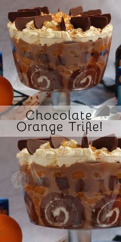 an orange trifle with chocolate and cream in it