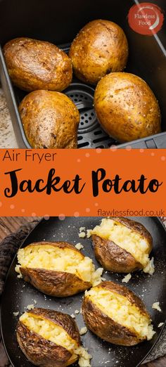 air fryer baked potatoes in a pan with text overlay that reads, air fryer jacket potato