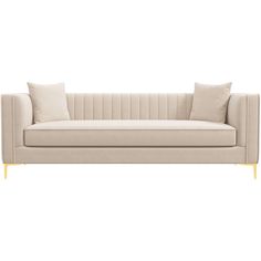 a beige couch with two pillows on it and one arm folded back to the side