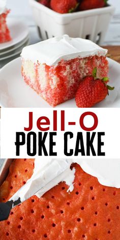 a piece of jello poke cake on a white plate with strawberries in the background